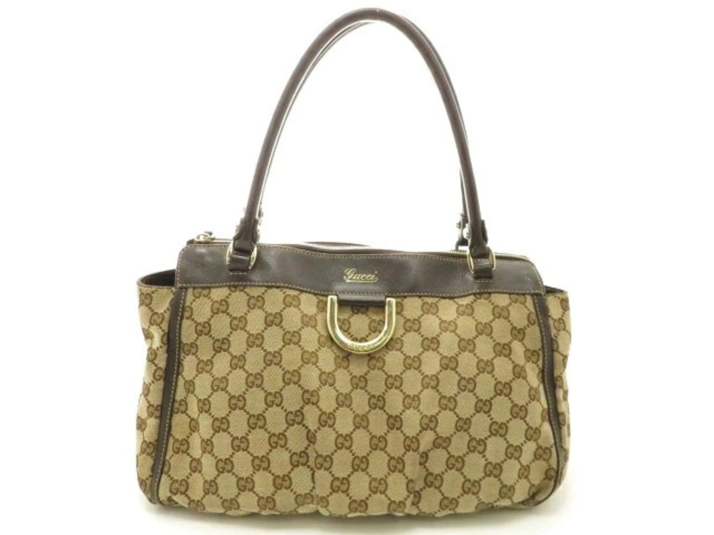 Gucci GG Abbey Tote Bag Canvas Leather Beige Cream Brown